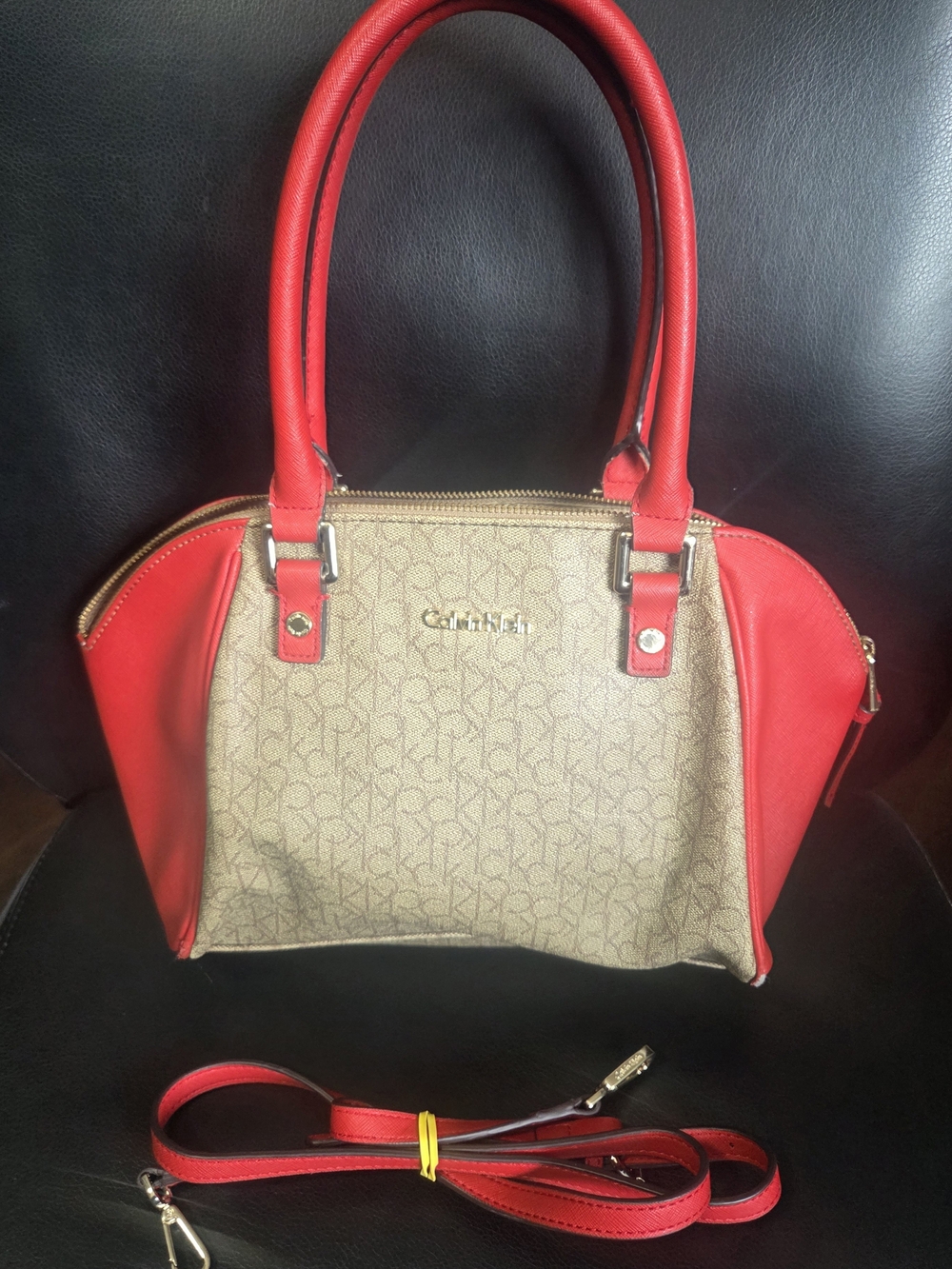 Calvin Klein Red and Beige Monogram Satchel with Detachable Strap